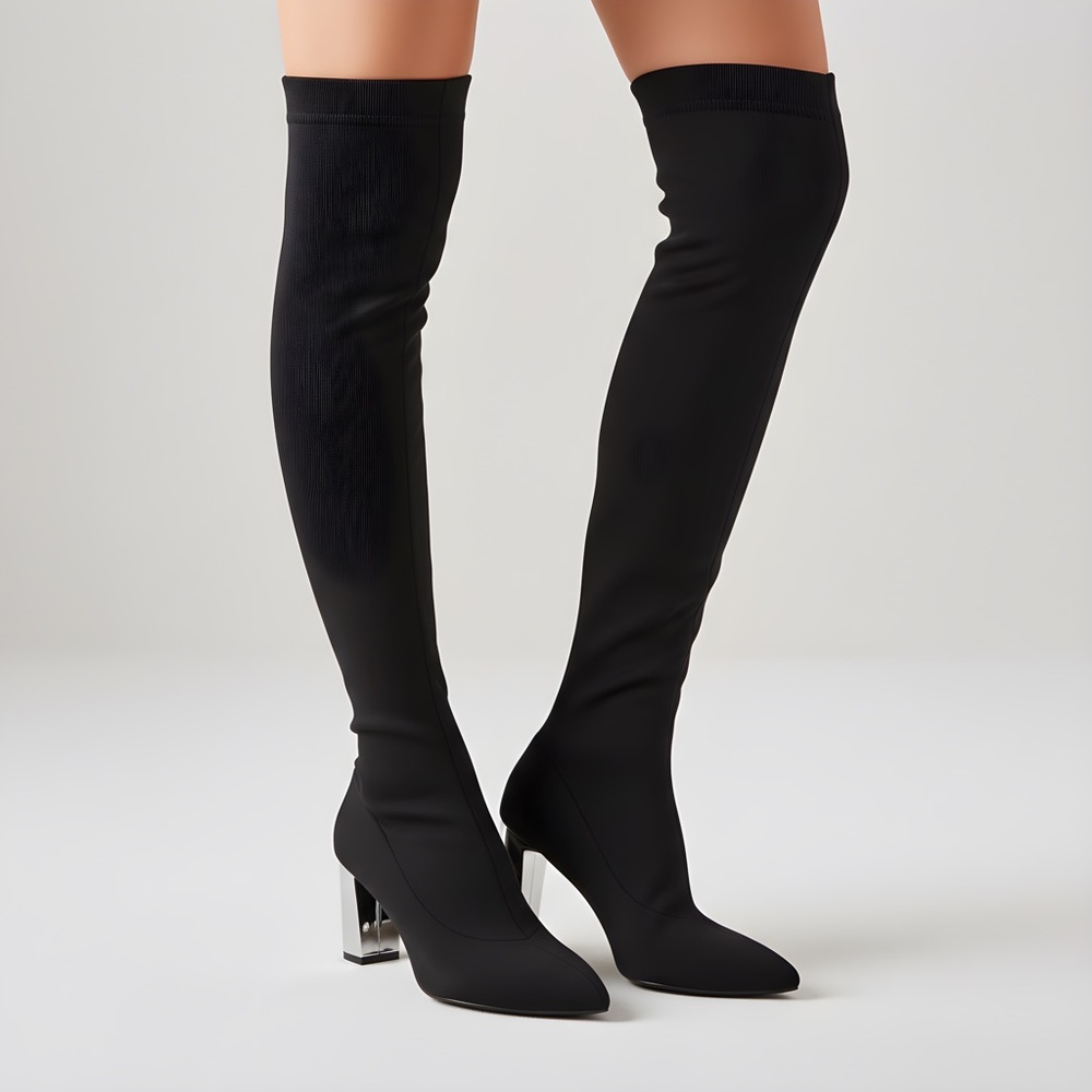 Fabric Thigh-High Boots with Chrome Heel